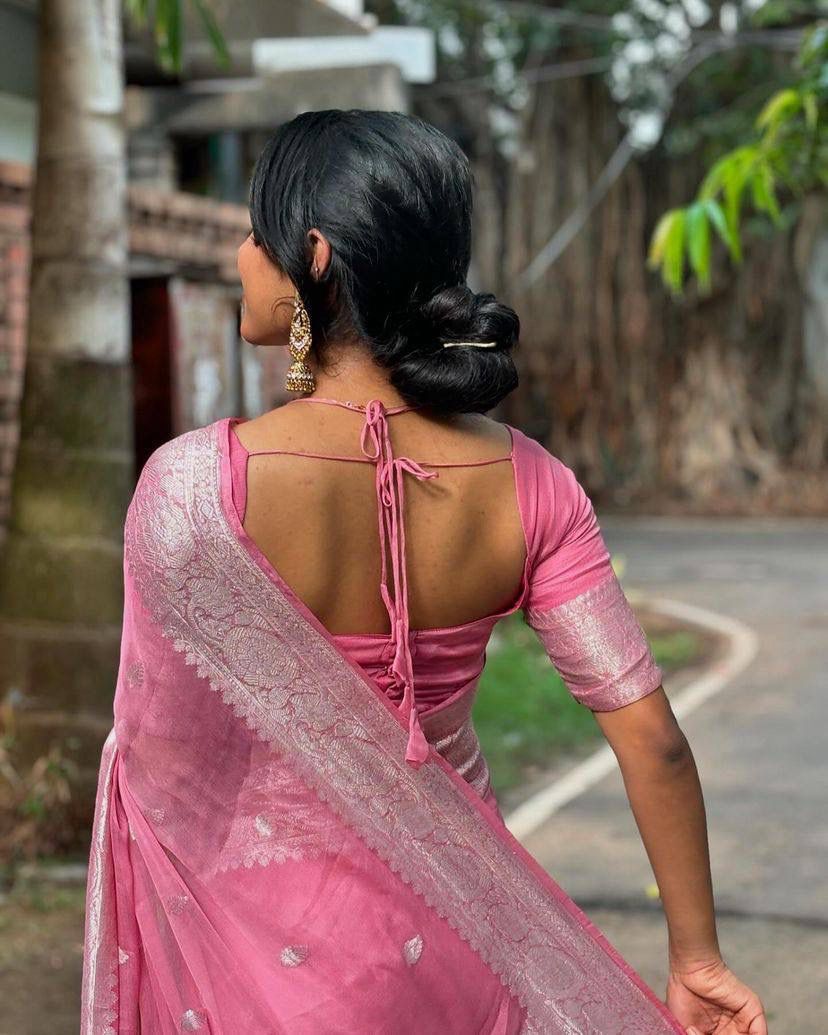 Pure Pestal Pink Soft Linen Cotton Saree With Rich Weaving Blouse