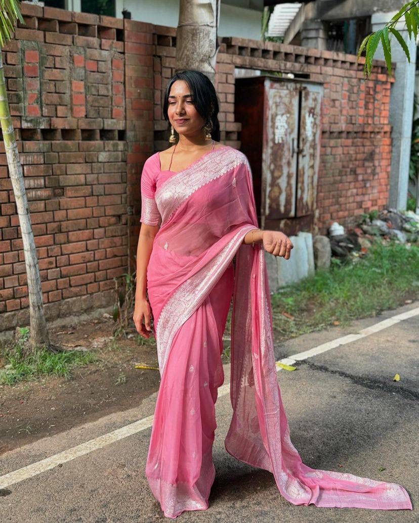 Pure Pestal Pink Soft Linen Cotton Saree With Rich Weaving Blouse