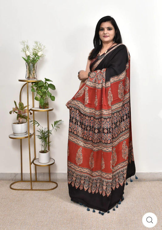 Beautiful Ajrakh Pure Gajji Silk Saree WIth Tassel