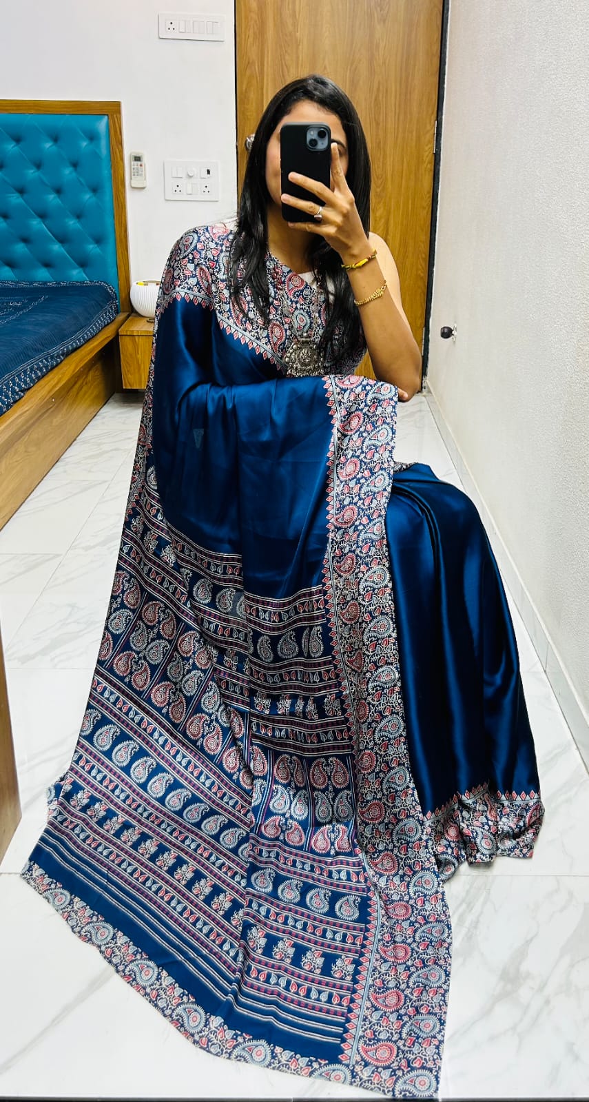 Beautiful Ajrakh Pure Gajji Silk Saree WIth Tassel