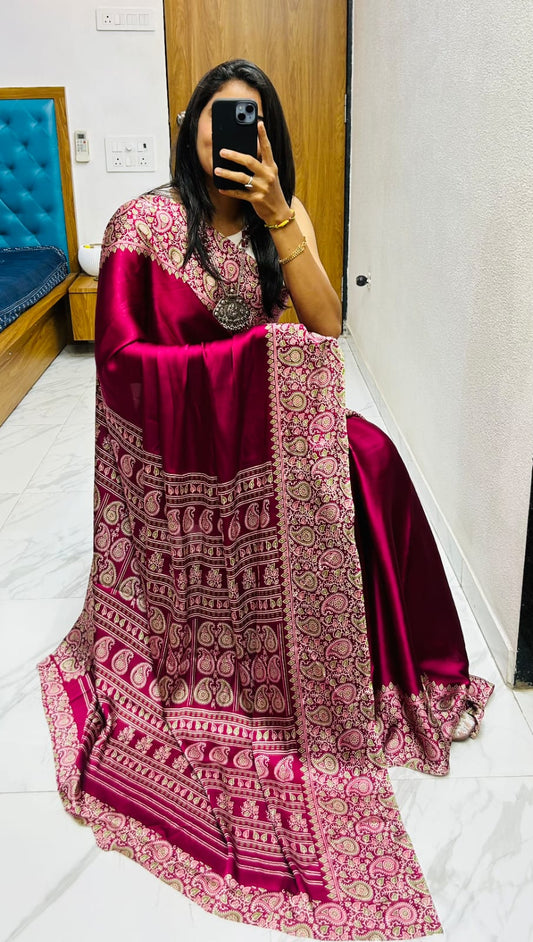 Most Beautiful Ajrakh Pure Gajji Silk Saree WIth Tassel