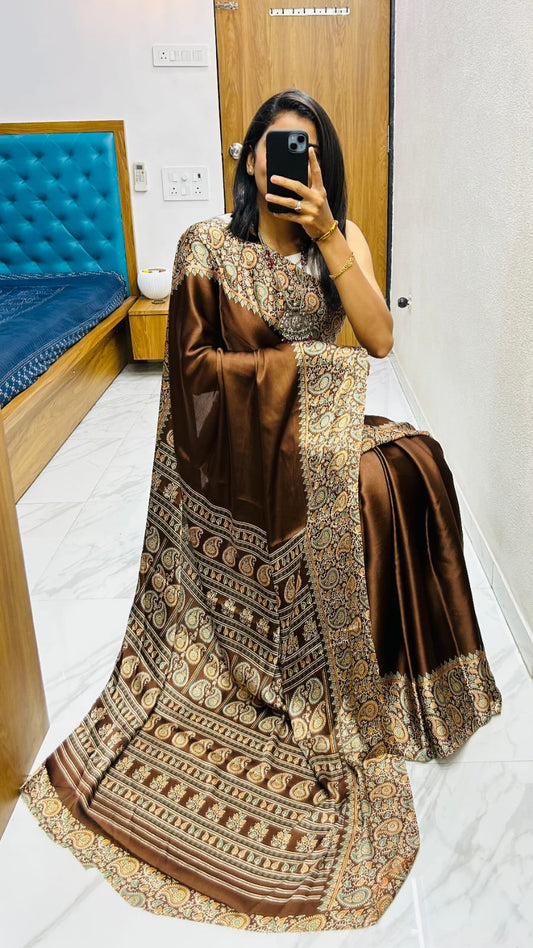 Very Trendy Ajrakh Pure Gajji Silk Saree WIth Tassel