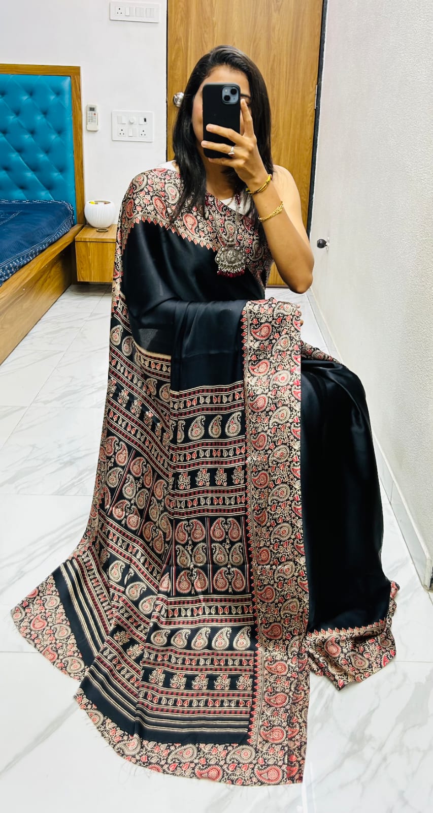 Beautiful Ajrakh Pure Gajji Silk Saree WIth Tassel