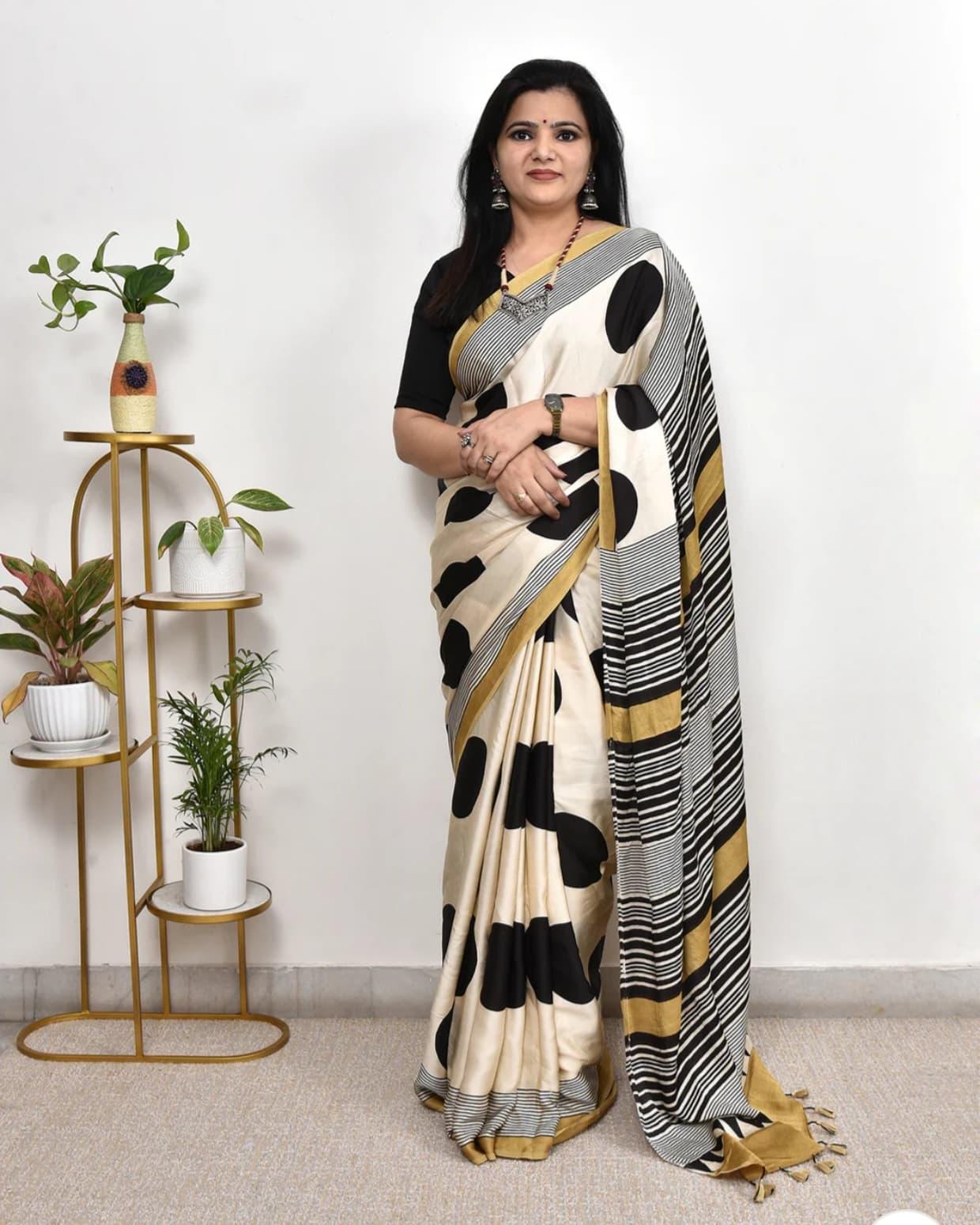 Most Beautiful Pure Ajrakh Gajji Silk Saree WIth Tassel