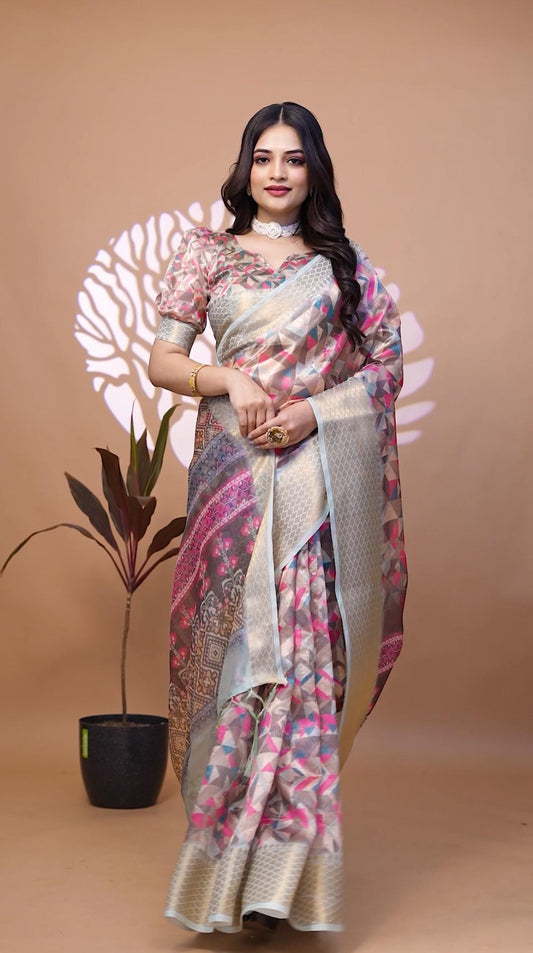 Elegant Multicolor Handllom Silk Blend Saree With Zari border