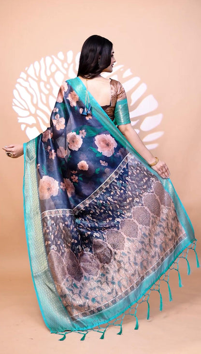 Elegant Midnight Blue Handllom Silk Blend Saree With Zari border