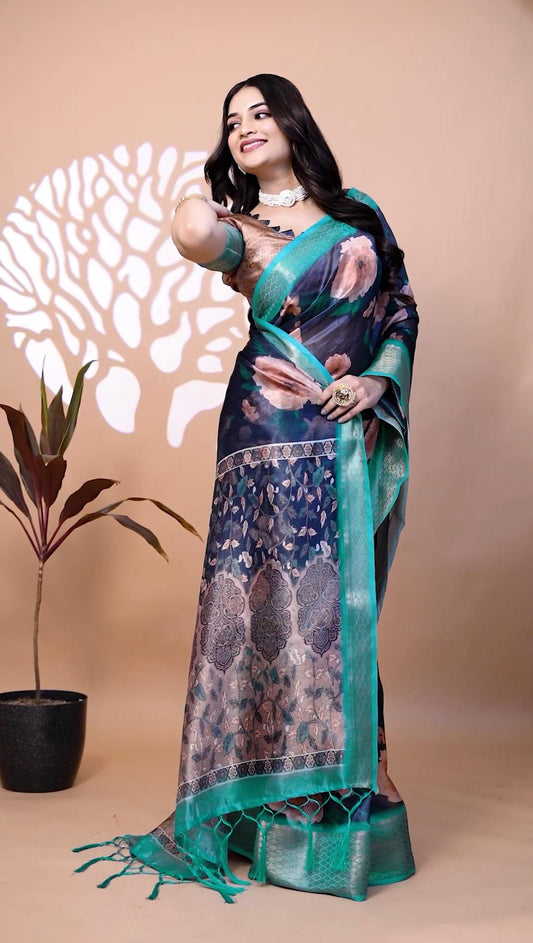 Elegant Midnight Blue Handllom Silk Blend Saree With Zari border