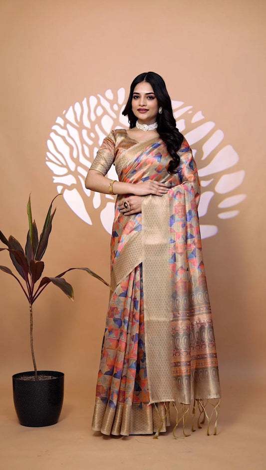 Stylish Multicolor Handllom Silk Blend Saree With Zari border