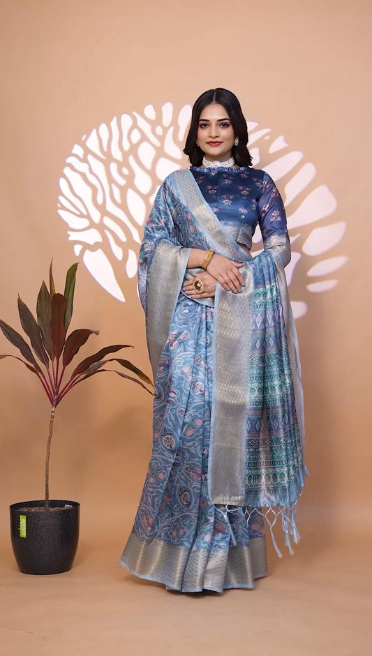 sophisticated Peacock Blue Handllom Silk Blend Saree With Zari border