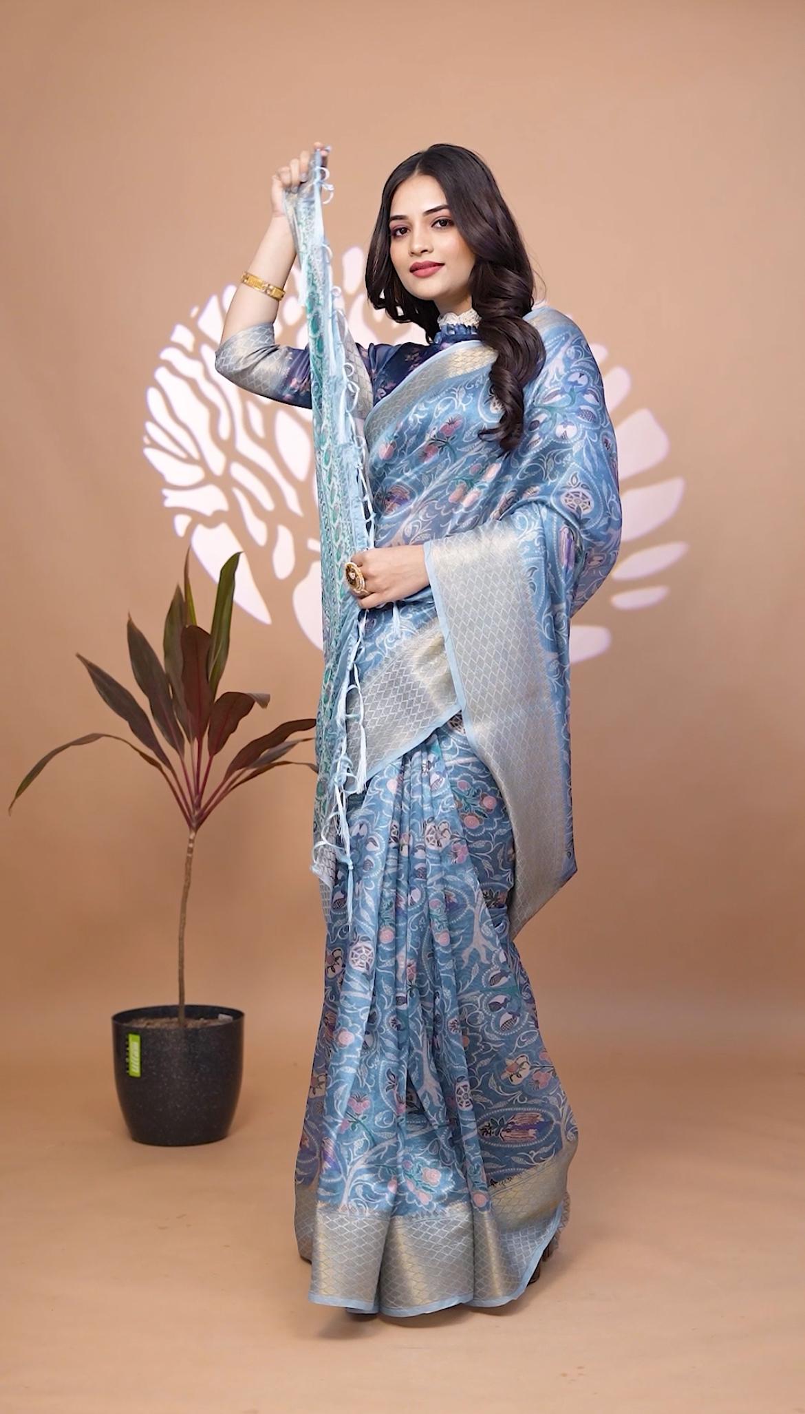 sophisticated Peacock Blue Handllom Silk Blend Saree With Zari border