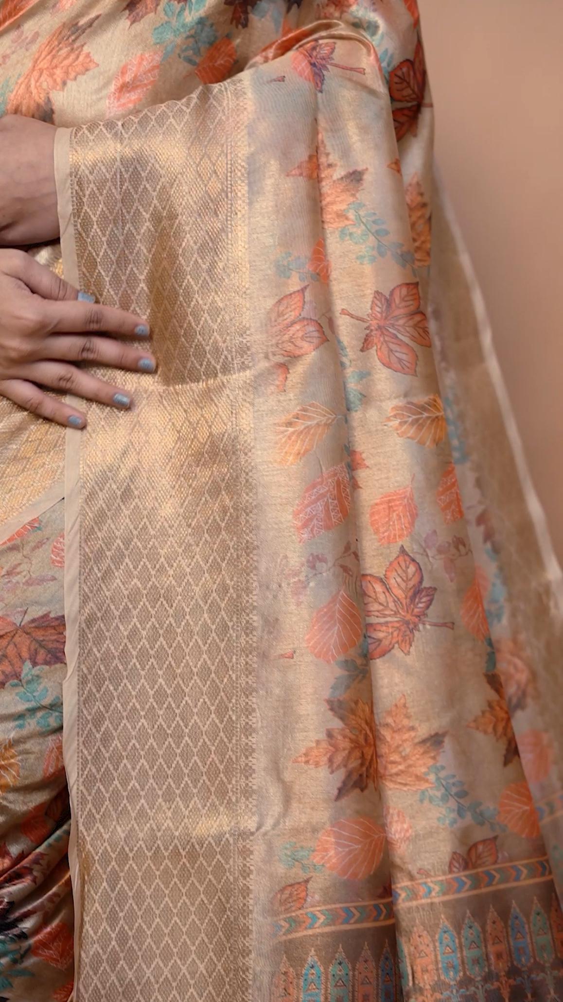 Dignified Beige Soft Silk Saree with Autumn Leaf Print & Zari border