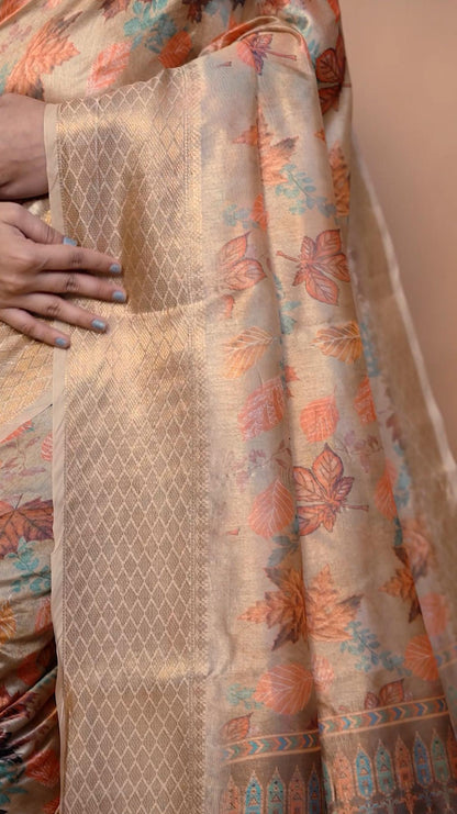 Dignified Beige Soft Silk Saree with Autumn Leaf Print & Zari border