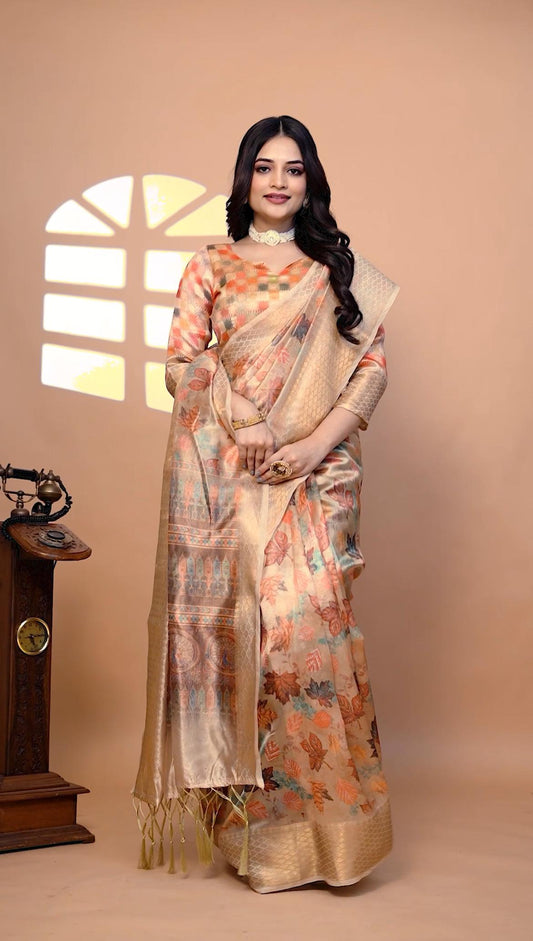 Dignified Beige Soft Silk Saree with Autumn Leaf Print & Zari border