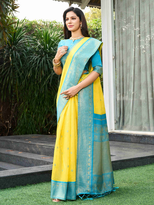 Pestal Yellow Soft Cotton Silk Saree With Rich Pallu