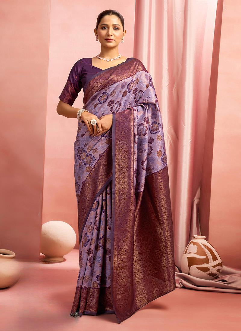 Elegant Lavender Kanjivaram Silk Saree With Shine Zari Work