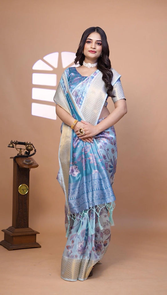 Dignified Pastal Blue Soft Silk Saree with Floral Weaving
