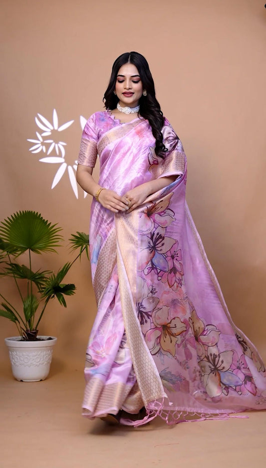 Refined Baby Pink Soft Silk Saree with Floral Print And Zari Border