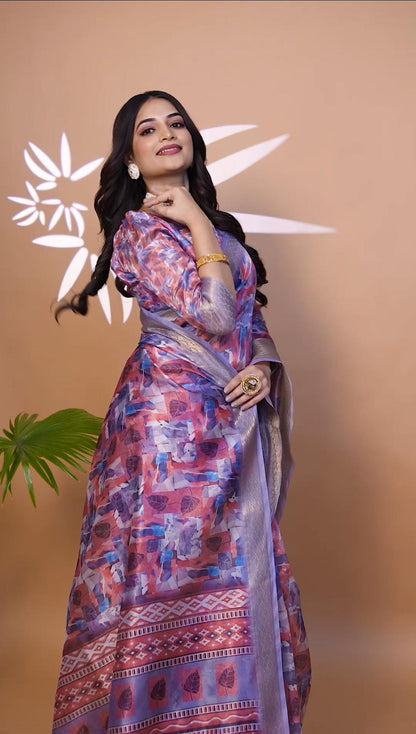Classic Lavnder & Pink Soft Silk Saree with Leaf Print And Zari Border