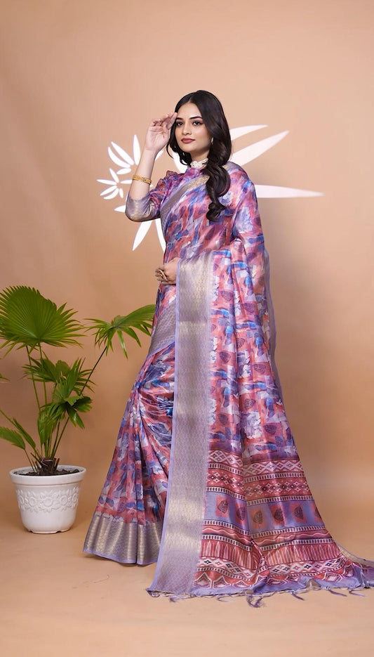 Classic Lavnder & Pink Soft Silk Saree with Leaf Print And Zari Border