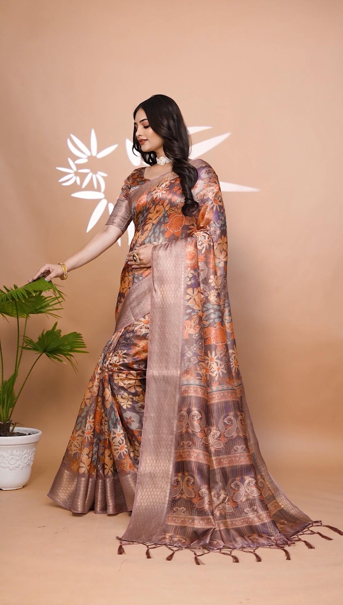 Classic Brown Soft Silk Saree with Copper Zari Border