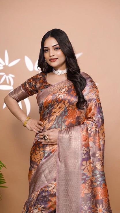 Classic Brown Soft Silk Saree with Copper Zari Border