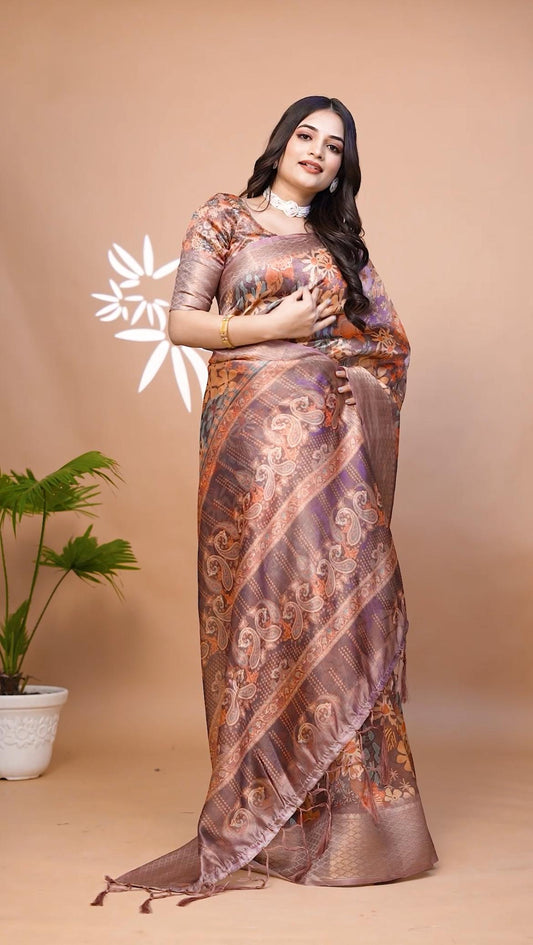 Classic Brown Soft Silk Saree with Copper Zari Border
