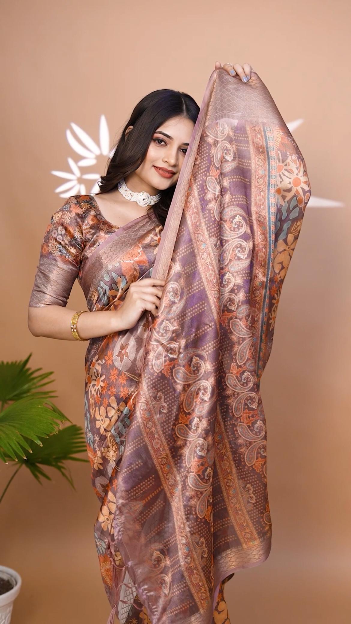 Classic Brown Soft Silk Saree with Copper Zari Border