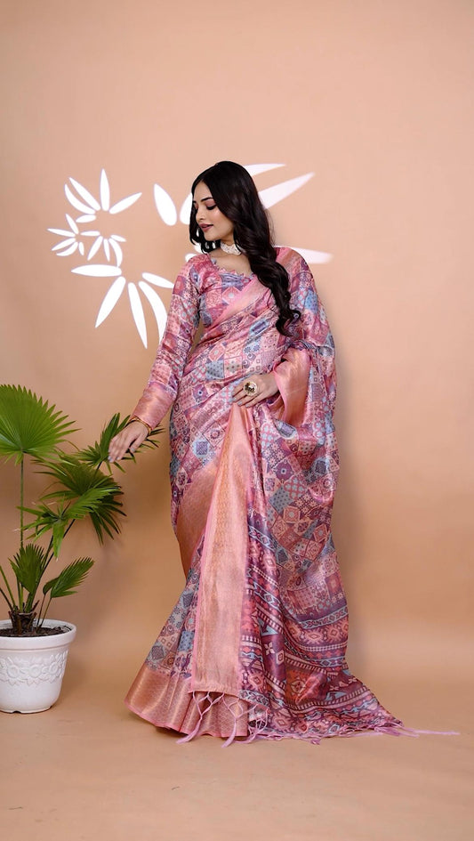 Modish Pink Soft Silk Saree with Copper Zari Border & Multicolor Pallu