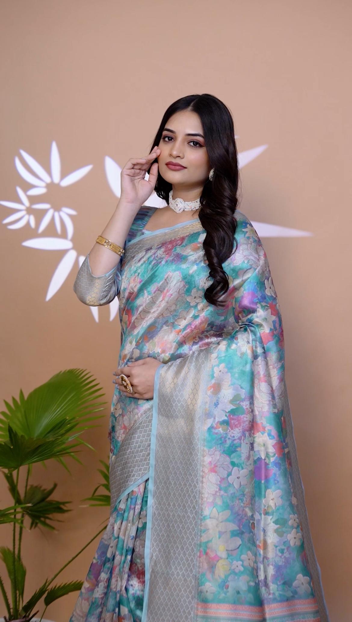 Effective Sky Blue Soft Silk Saree with Copper Zari Border