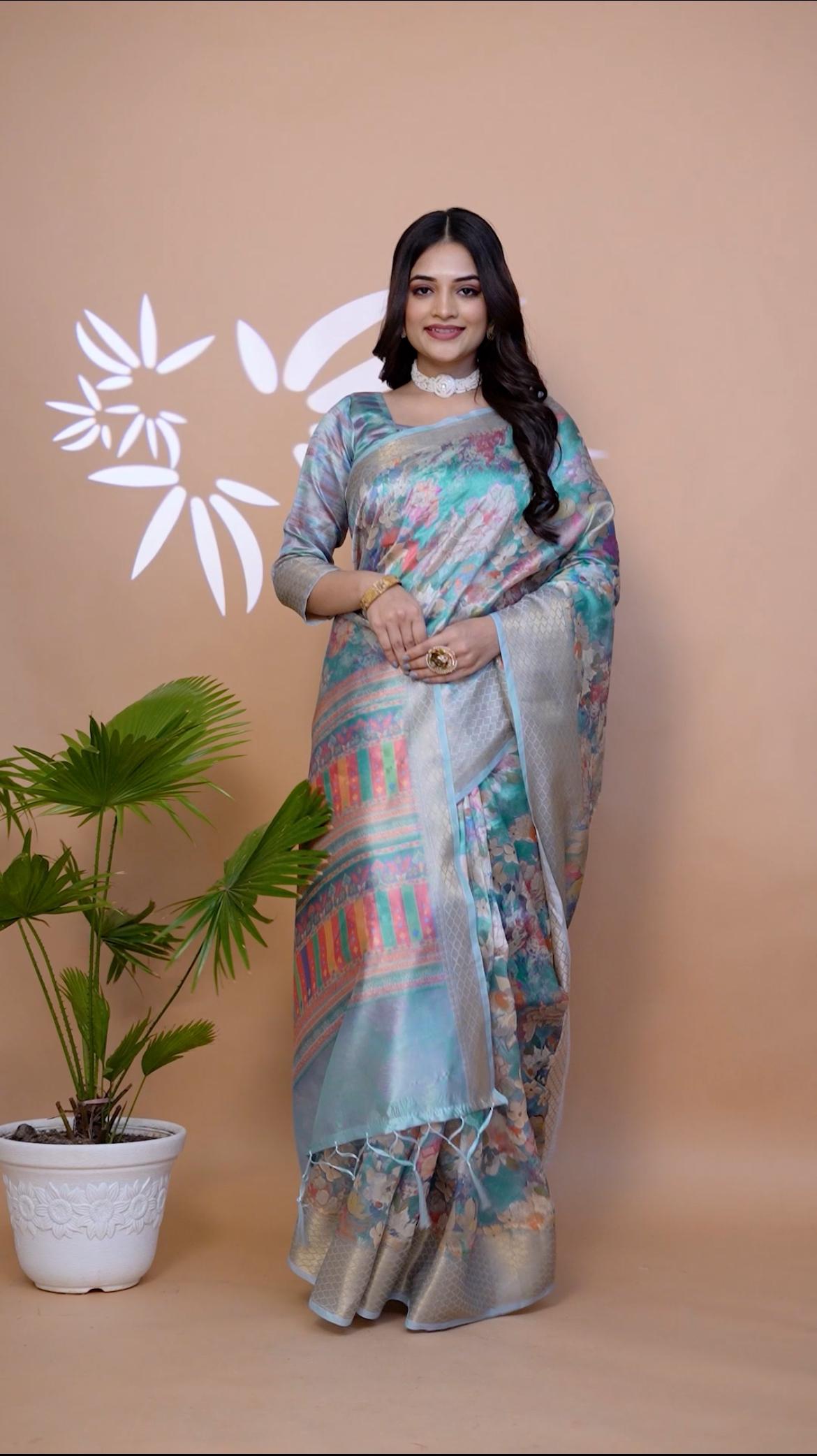 Effective Sky Blue Soft Silk Saree with Copper Zari Border
