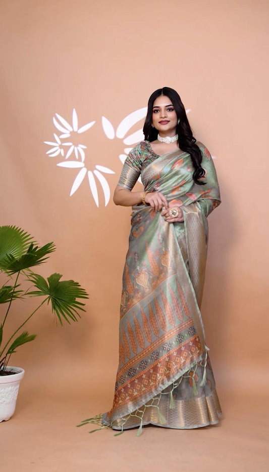 Good-looking Sage Green Soft Silk Saree with Floral Print & Zari Border
