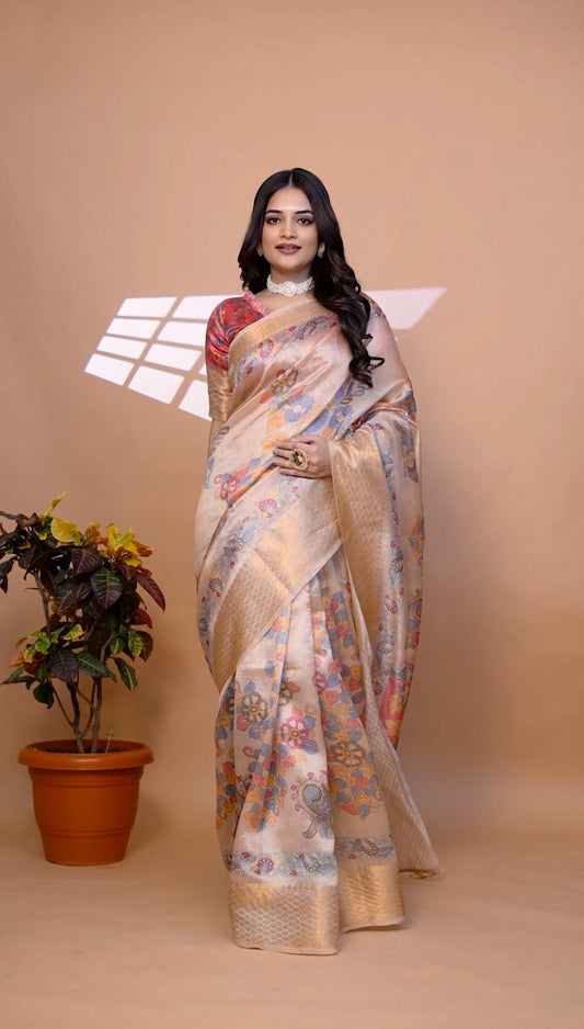 ElegantSoft Silk Saree with Floral Print & Zari Border