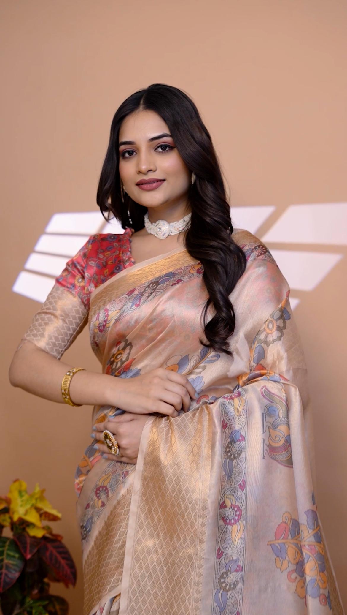 ElegantSoft Silk Saree with Floral Print & Zari Border