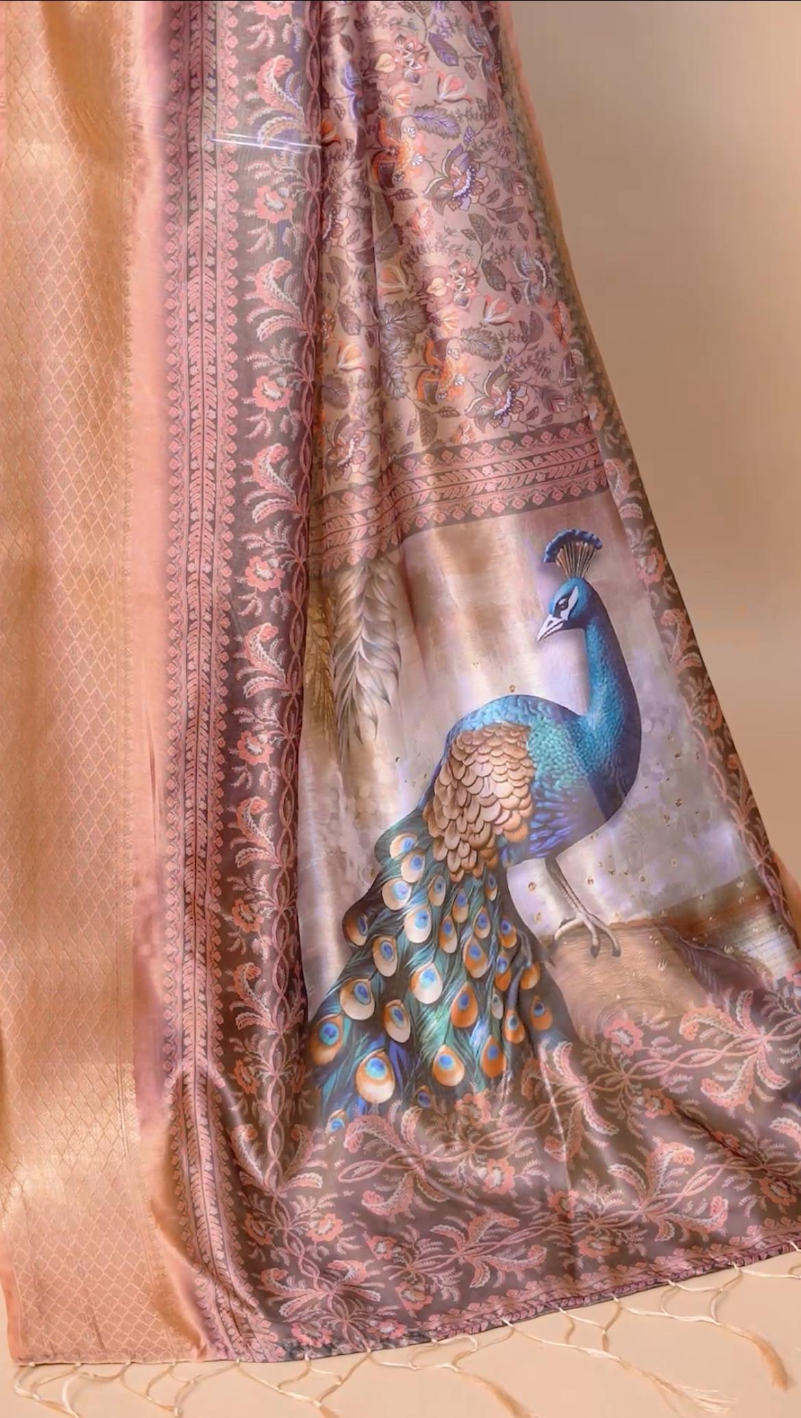 Elegant Soft Silk Saree with Majestic Peacock Pallu & Zari Border