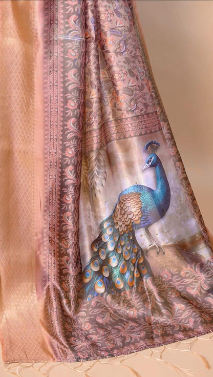 Elegant Soft Silk Saree with Majestic Peacock Pallu & Zari Border