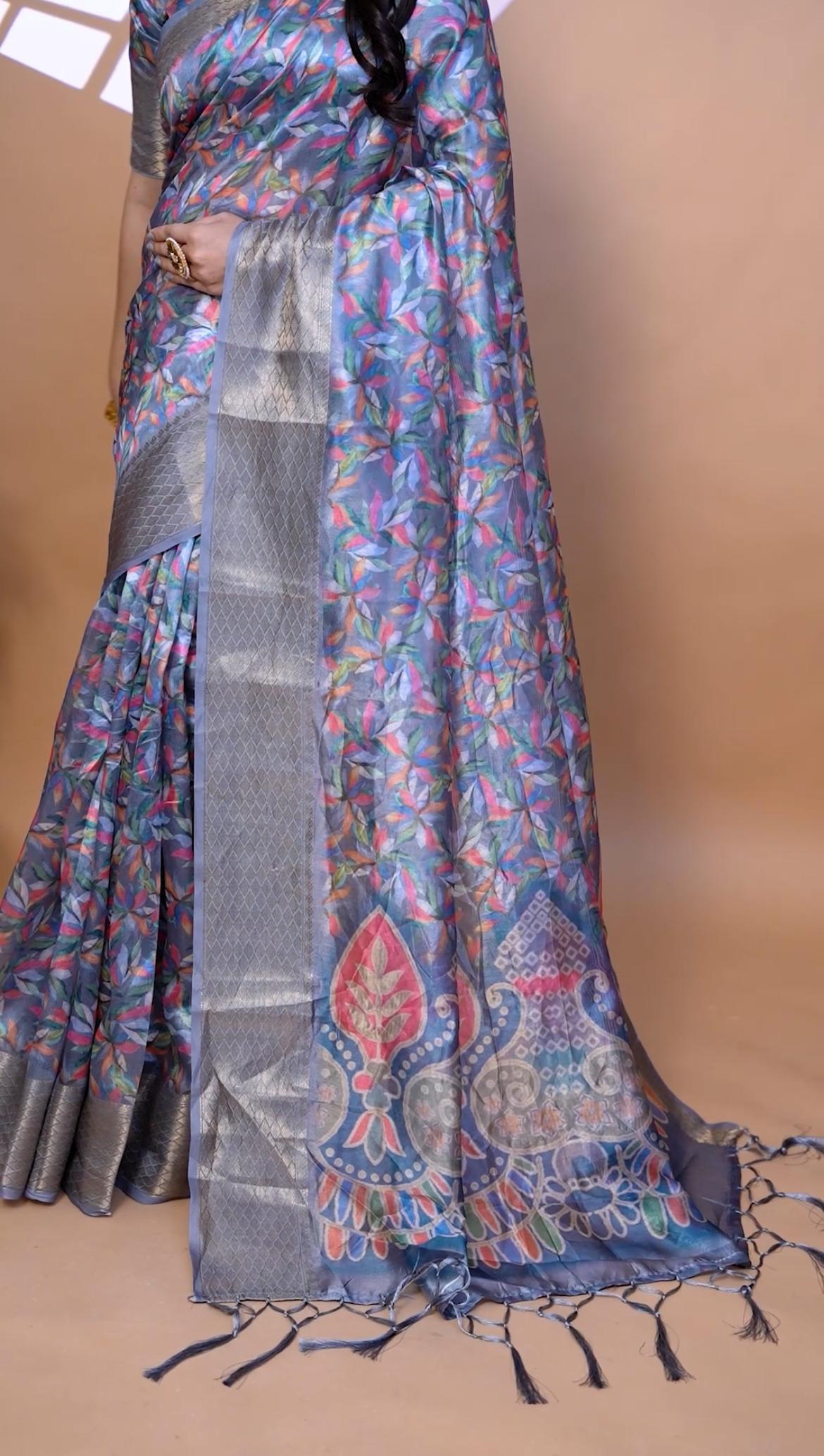 Beautiful Grey Soft Silk Saree with Ethnic Pallu & Zari Border