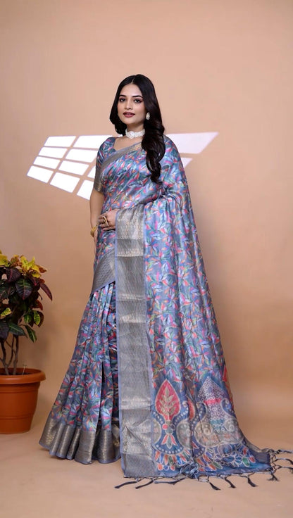 Beautiful Grey Soft Silk Saree with Ethnic Pallu & Zari Border