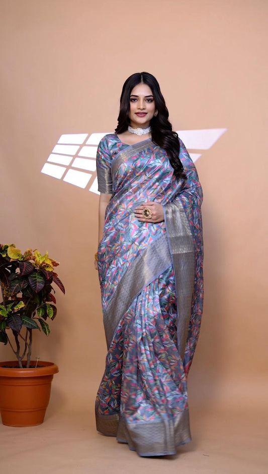 Beautiful Grey Soft Silk Saree with Ethnic Pallu & Zari Border