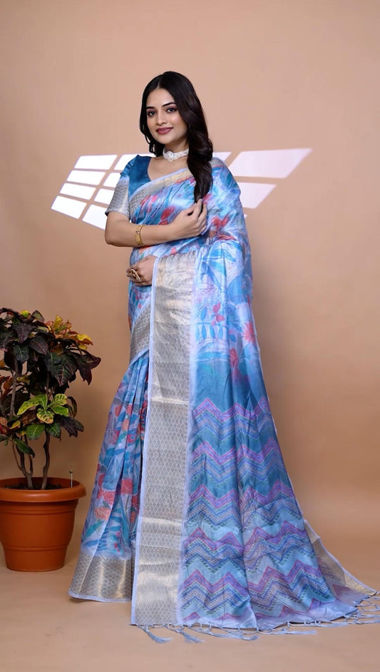 Luxurious Sky Blue Soft Silk Saree with Ethnic Pallu & Zari Border