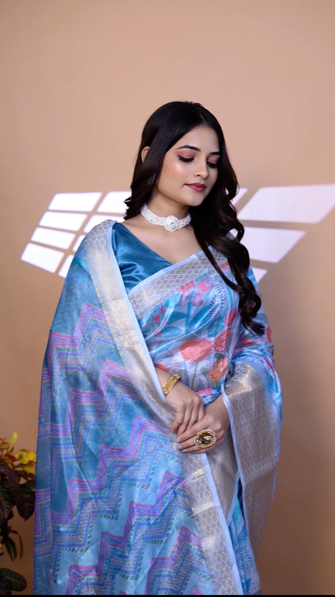 Luxurious Sky Blue Soft Silk Saree with Ethnic Pallu & Zari Border