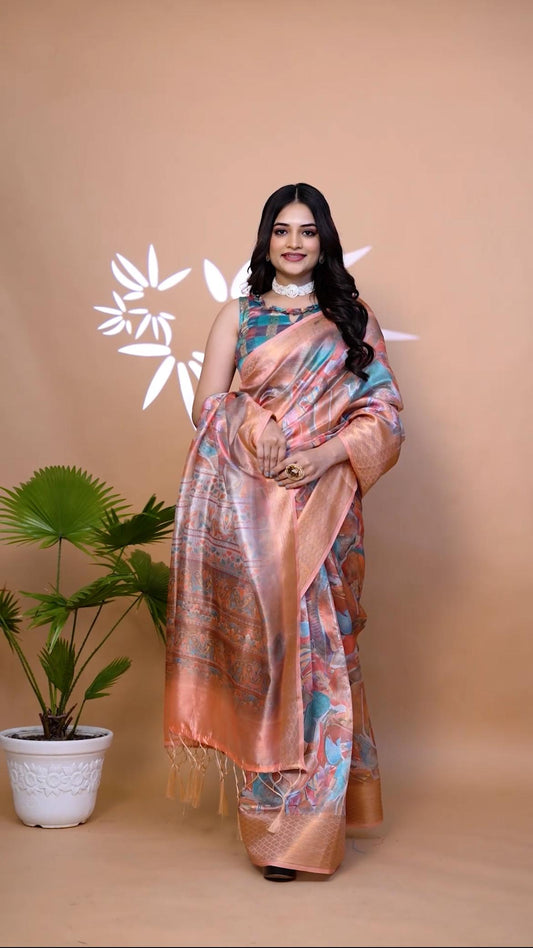 Luxurious Orange & copper Soft Silk Saree with Ethnic Pallu & Zari Border