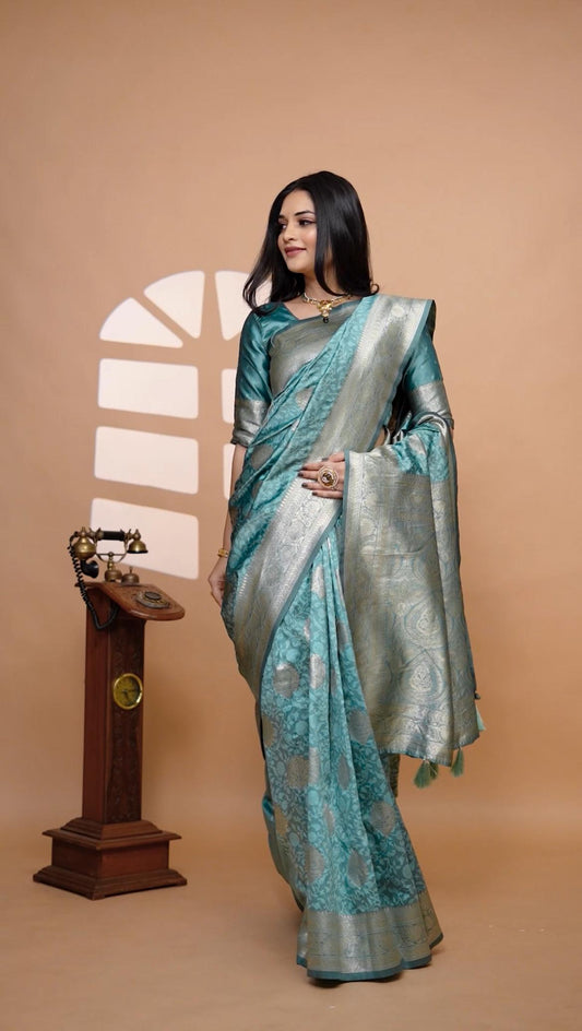 Classic Pastal Teal Banarasi Silk Saree With Golden Zari & Ornate Pallu