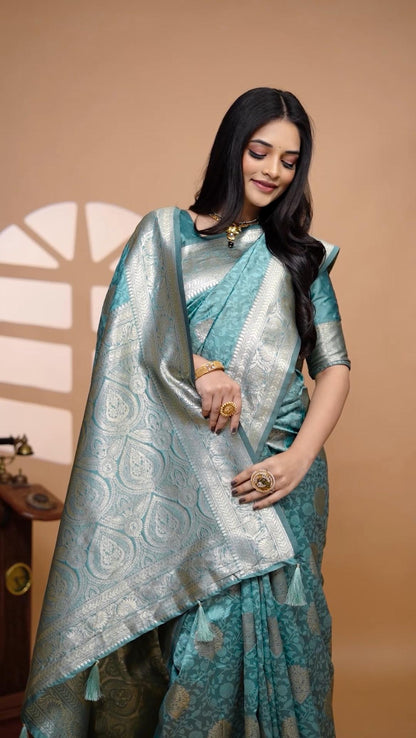 Classic Pastal Teal Banarasi Silk Saree With Golden Zari & Ornate Pallu