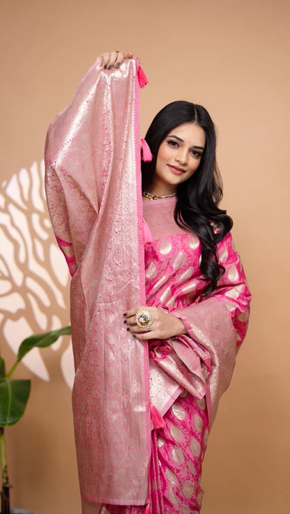 Sophisticated Pink Banarasi Silk Saree With Golden Zari Weaving