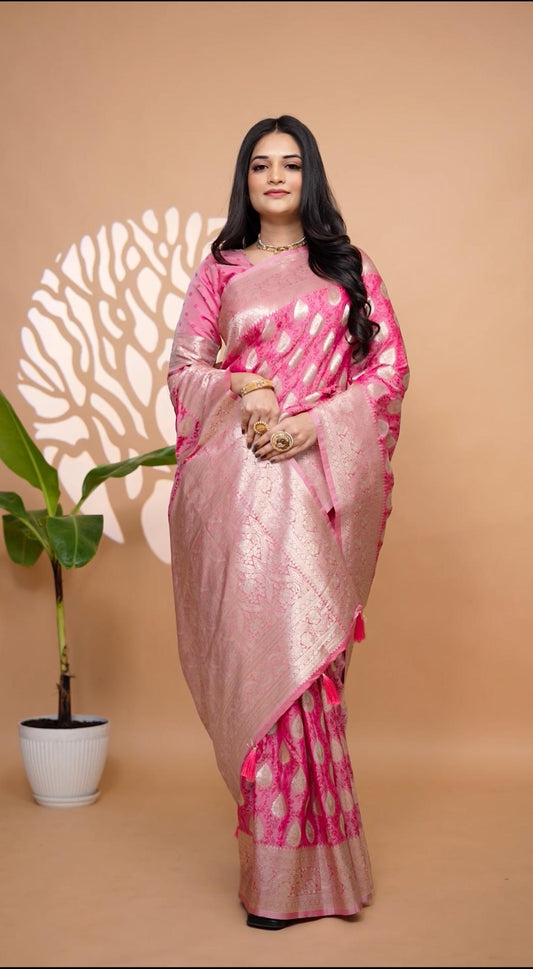 Sophisticated Pink Banarasi Silk Saree With Golden Zari Weaving