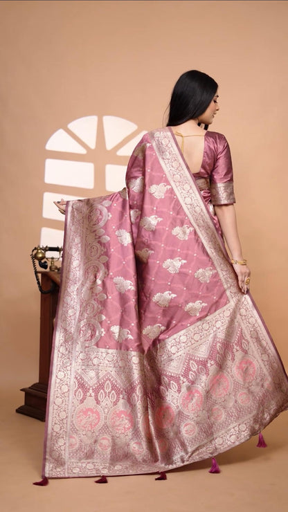 Charming Rose Pink Banarasi Silk Saree With Silver Zari Weaving