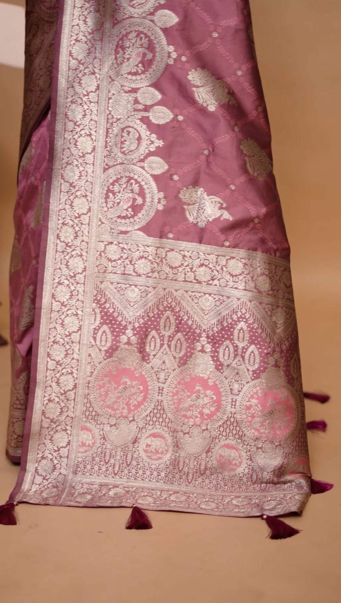 Charming Rose Pink Banarasi Silk Saree With Silver Zari Weaving