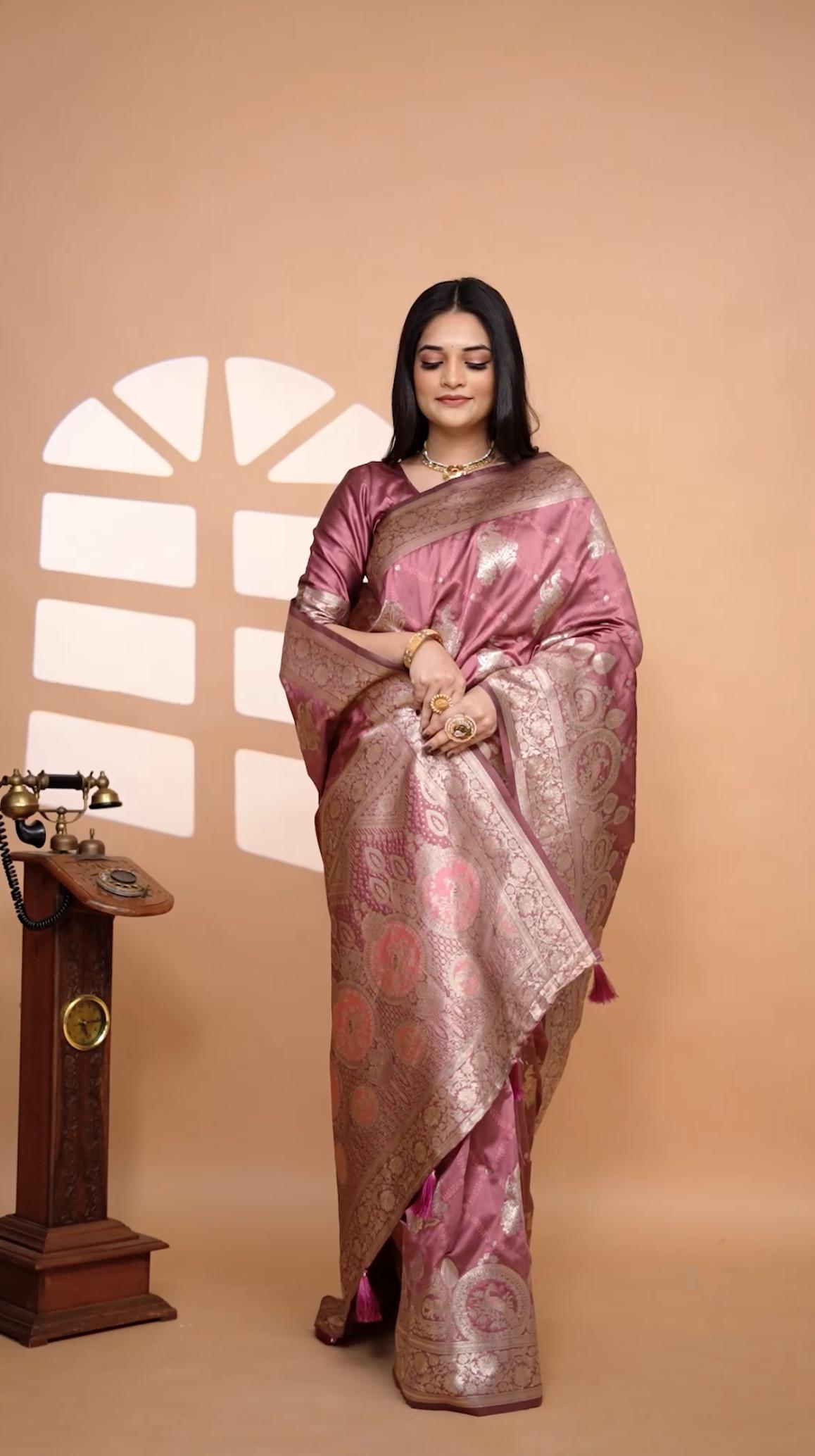 Charming Rose Pink Banarasi Silk Saree With Silver Zari Weaving