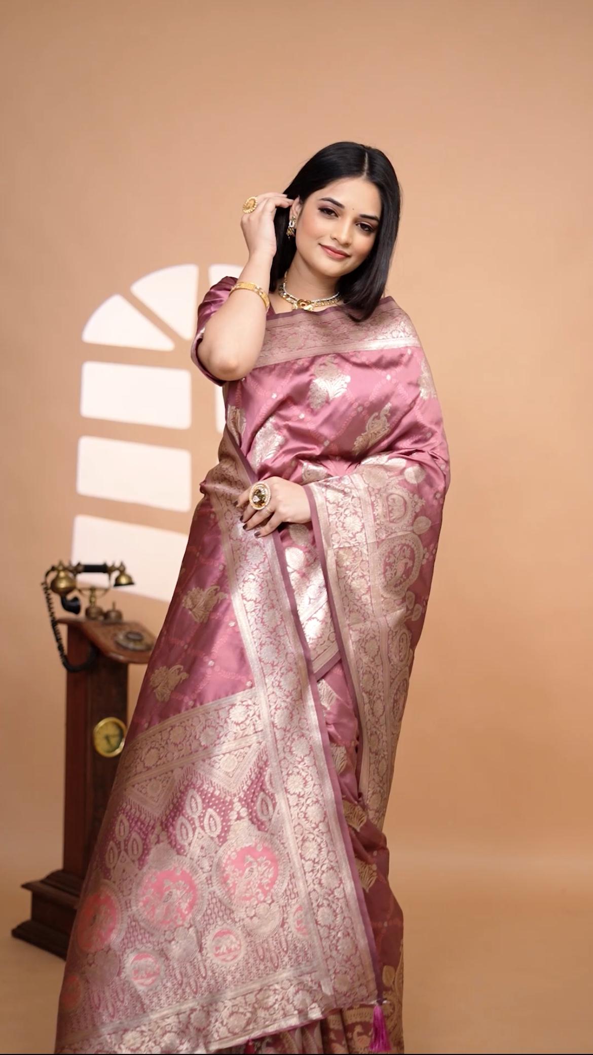 Charming Rose Pink Banarasi Silk Saree With Silver Zari Weaving