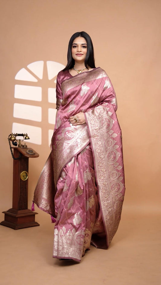Charming Rose Pink Banarasi Silk Saree With Silver Zari Weaving